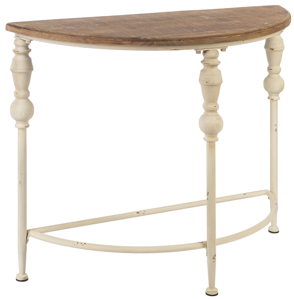 Distressed Ivory Spindle Leg Half Circle Console Table
