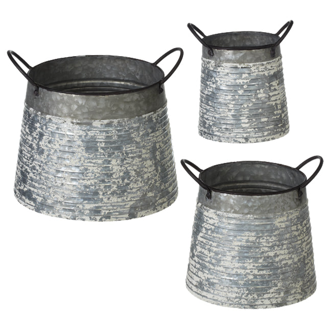 Distressed White Horizontal Ribbed Basket with Handle