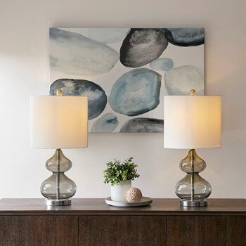 Ellipse Table Lamp Set | White Drum Shade with Gray Glass Base | Chic look for Living Room or Bedroom