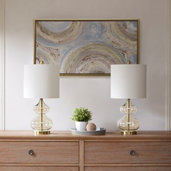 Ellipse Table Lamp Set | White Drum Shade with Gold Glass Base | Chic look for Living Room or Bedroom