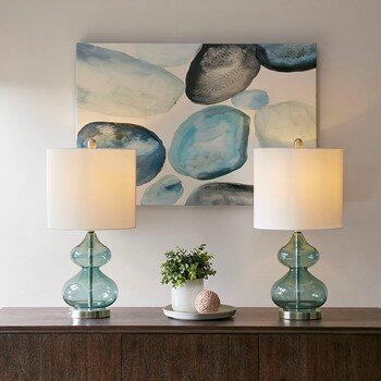 Ellipse Table Lamp Set | White Drum Shade with Blue Glass Base | Chic look for Living Room or Bedroom