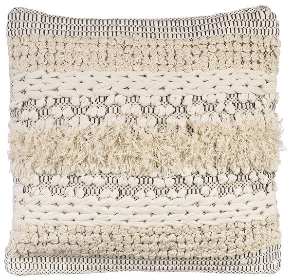 Hand Woven Black & White texture stripe & Bobble pillow | modern, boho, or farmhouse decor