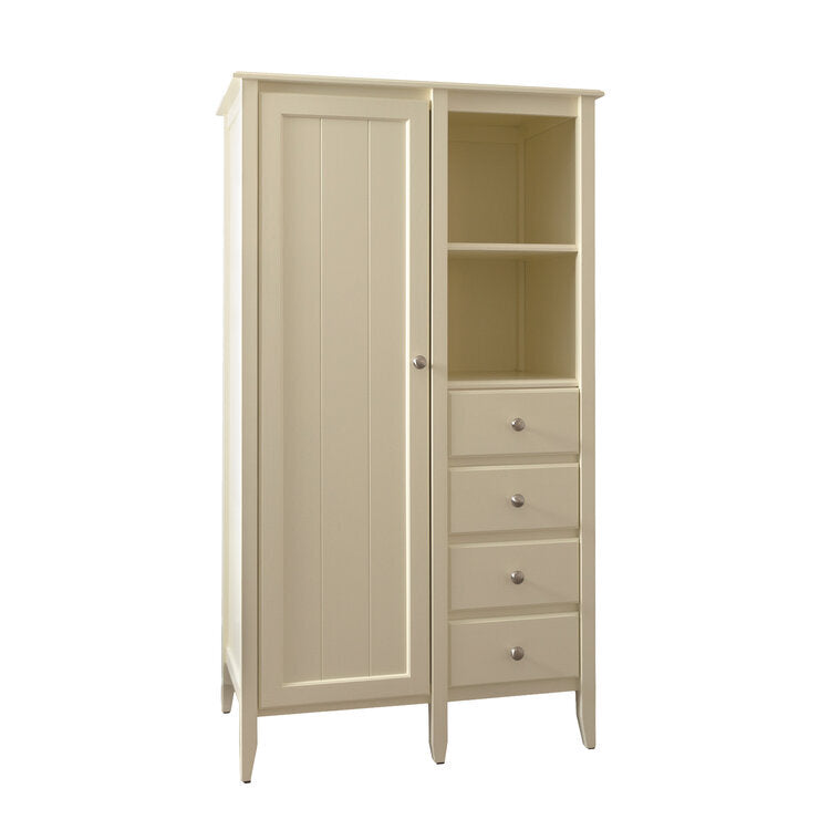 Maine Woodworks Nantucket armoire in cream finish with open shelving and four drawers beside a tall cabinet door