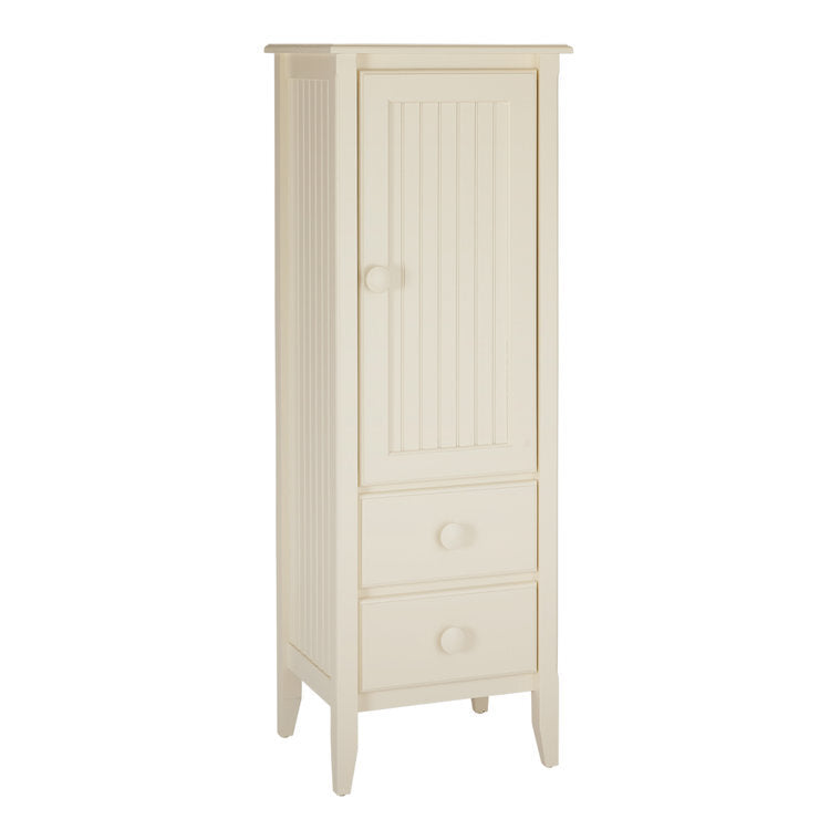 Compact armoire in Milkweed cream with beadboard door and two drawers, handcrafted by Maine Woodworks