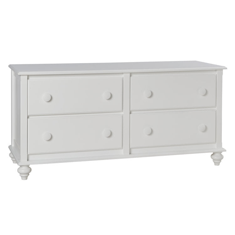 Maine Woodworks white 8-drawer low dresser with round wooden knobs and turned feet