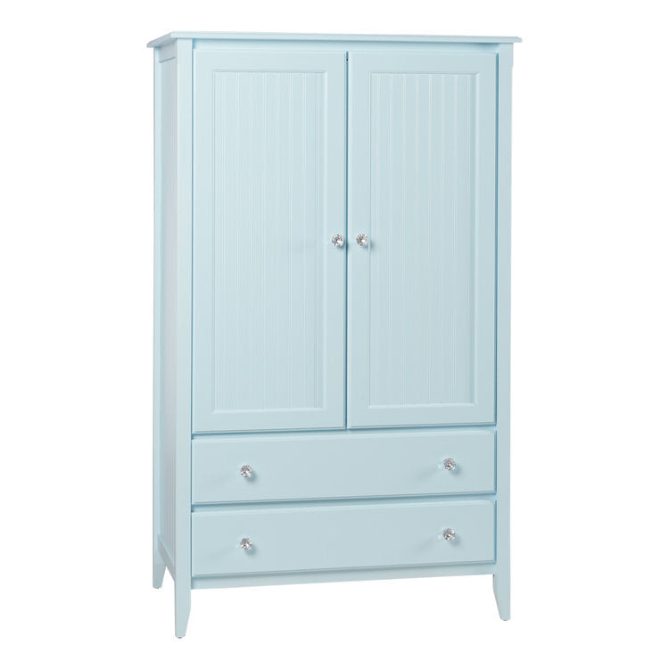 Light blue armoire from Maine Woodworks with beadboard double doors and two drawers, finished with crystal knobs