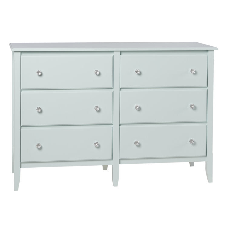 Maine Woodworks seafoam green 6-drawer double dresser with round crystal knobs and clean lines