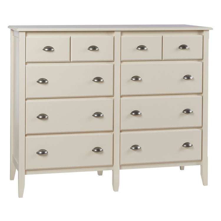 Maine Woodworks 10-drawer dresser in cream finish with metal cup handles and shaker-inspired design