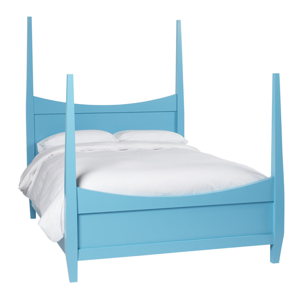 Evelyn 4-Post Bed in bright blue with dramatic tapered posts and curved headboard and footboard