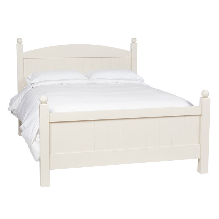Celeste Arched Cannonball Bed in soft white with panel detailing and rounded post finials