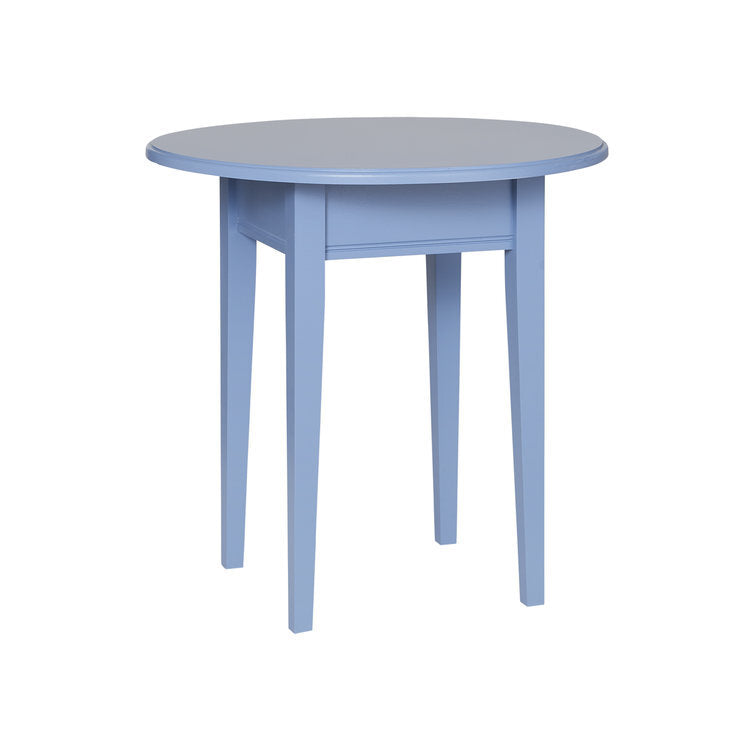 Maine Woodworks round end table in Heron blue with tapered legs and clean design