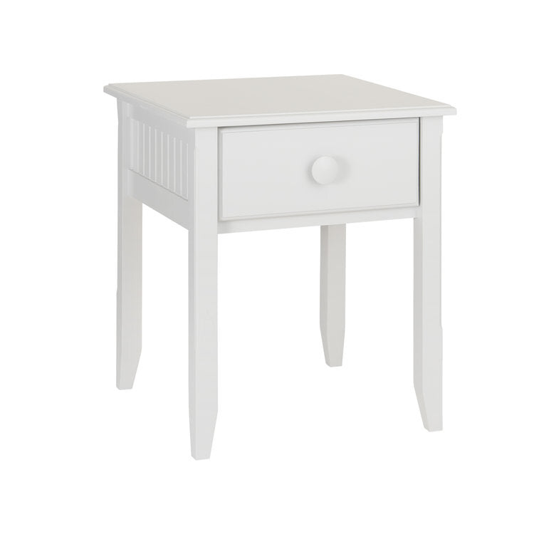 Maine Woodworks Sea Smoke white end table with single drawer, beadboard sides, and round wooden knob