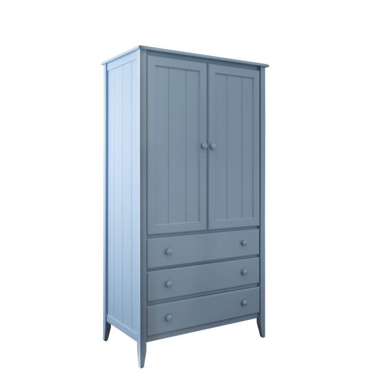 Maine Woodworks Heron blue armoire with paneled double doors and three spacious drawers