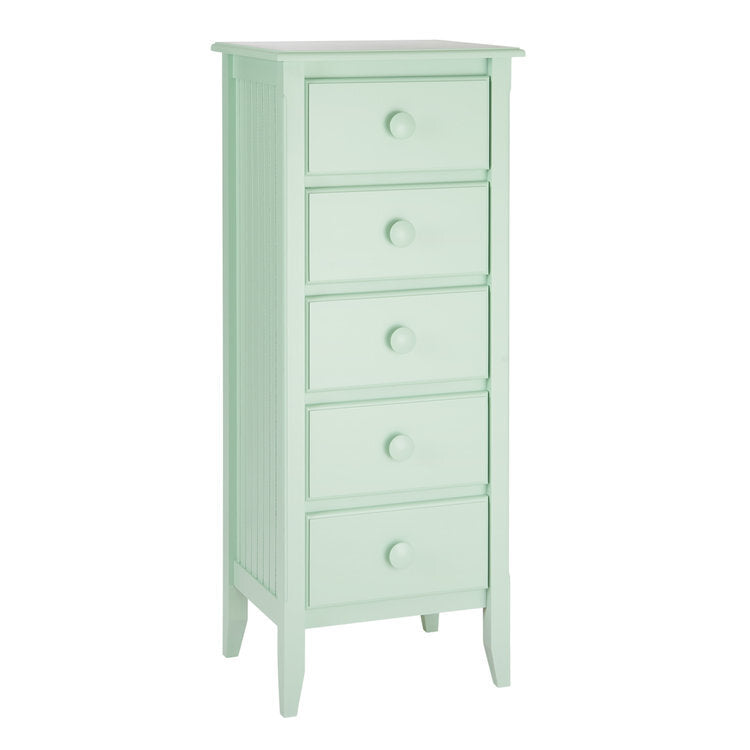 Maine Woodworks tall lingerie chest in mint green with five drawers and beadboard sides