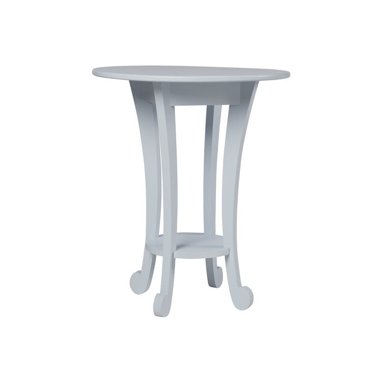 Maine Woodworks tulip-style round end table in Wisp blue with lower shelf and sculpted legs