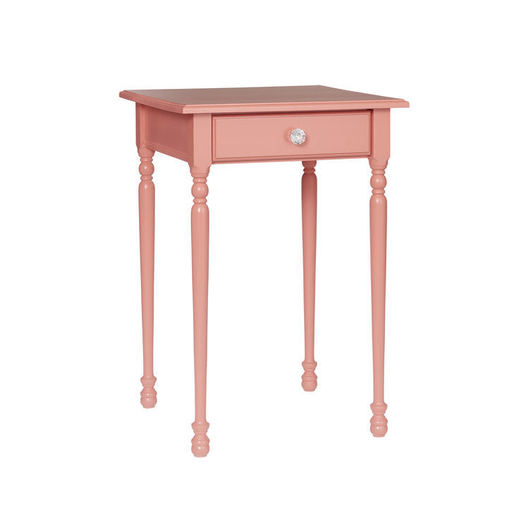 Maine Woodworks end table in Cheeky pink with turned legs and crystal drawer knob
