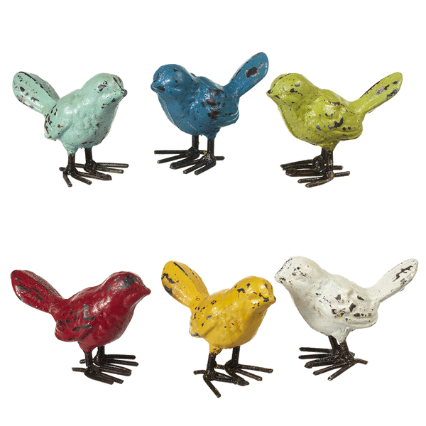 Mini Castiron Birds | mint, blue, green, red, yellow, and white—each perched with sturdy metal feet. Perfect for shelves, windowsills, garden displays,