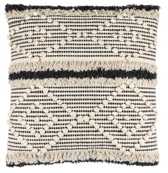 Black & Natural Diamond Bobble & Fringe Pillow | Perfect for layering on a sofa, chair, or bed, it offers a cozy boho touch with a modern monochrome palette