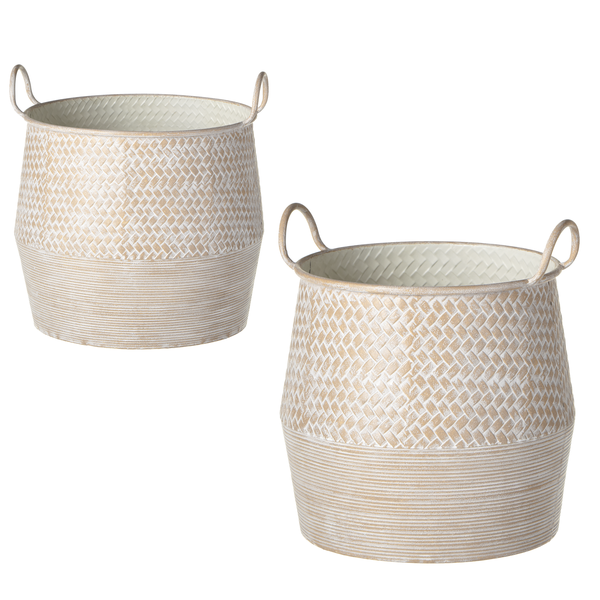 Oversized Embossed Basket Planter w Terracotta Finish (2 pc. set) |  Featuring a beautifully textured basket weave design and a soft terracotta-inspired wash