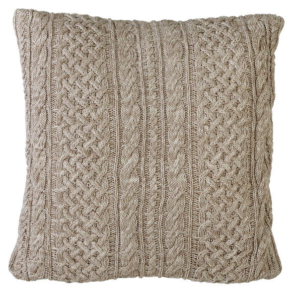 Tan & Ivory Cable knit Marled braided Floor pillow w/ leather handle | perfect for casual lounging, extra seating, or layering in a reading nook.