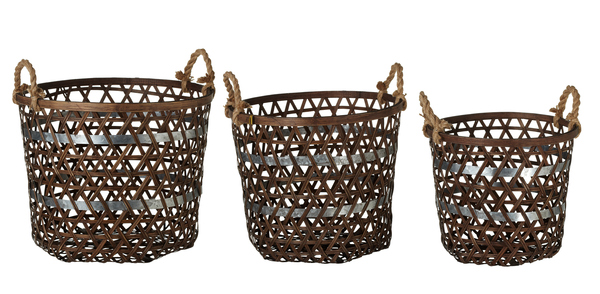 Round Espresso Stained & Galvanized Woven Basket Set (3 pc.) | farmhouse or rustic décor