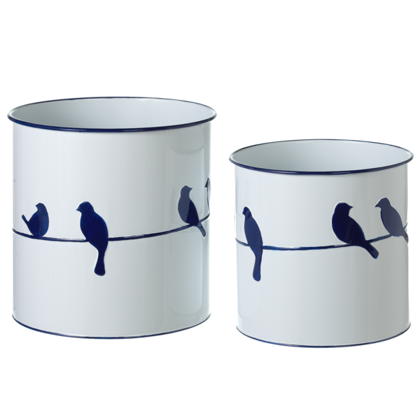 White & Blue Enamel Planter with Birds (2 pc. set)