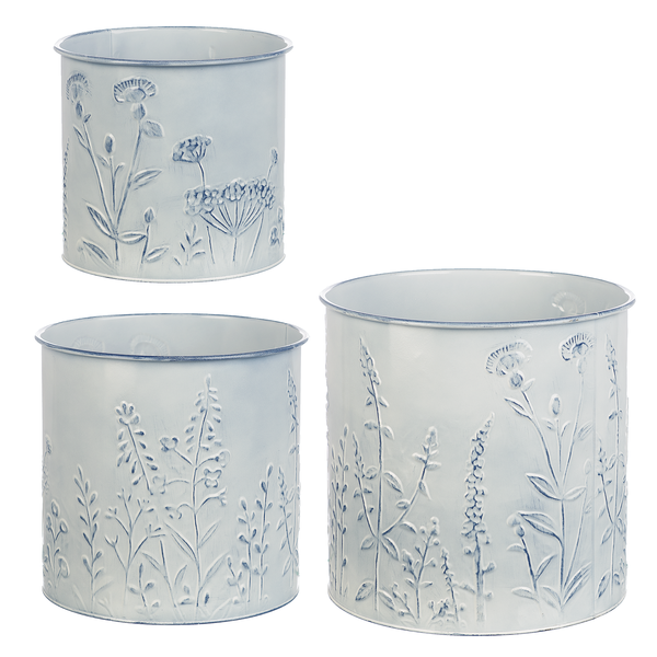 Blue & White Floral Embossed Enamel Planter (3 pc. set) | Perfect for herbs, succulents, or decorative arrangements