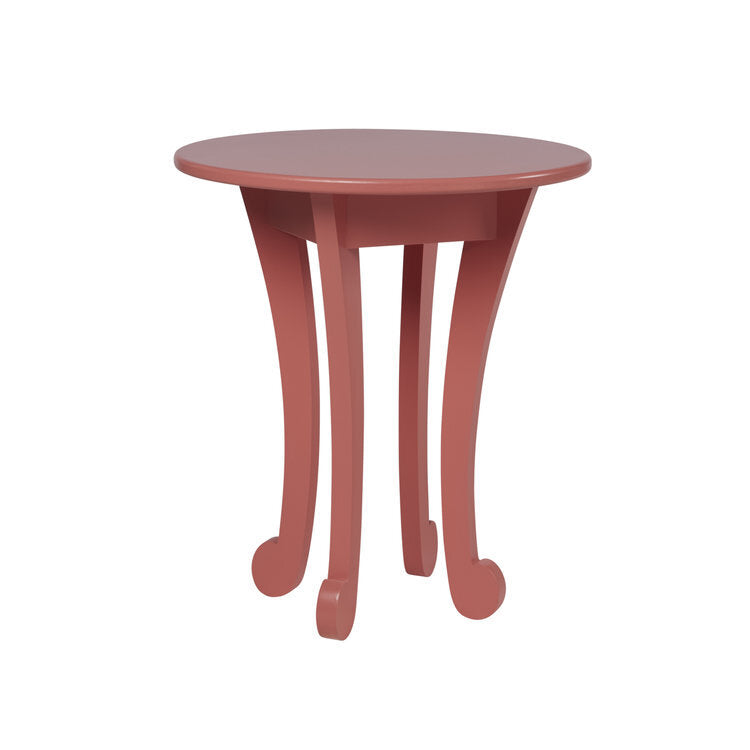 Maine Woodworks round end table in Terra red with sculpted scroll legs for a whimsical touch