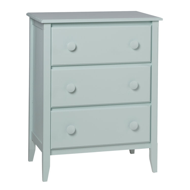Maine Woodworks 3-drawer chest in seafoam green with round wooden knobs and beadboard side panels
