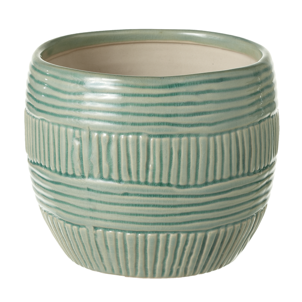 Large Turquoise Linear Stripe Stonewashed Planter | Ceramic planter for indoor and outdoor spaces