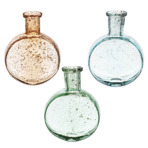 Round Pitted Glass Flute Vase Set | unique flattened round shape and a speckled, pitted finish, each vase comes in a soft pastel hue—amber, aqua, and green.