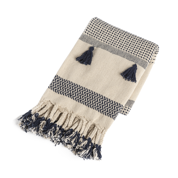 Cream & Navy Woven Stripe Throw w/ Braided Tassels | boho elegance sofa, armchair, or bed decor