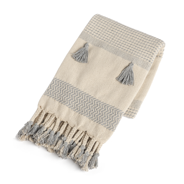 Cream & Grey Woven Stripe Throw w/Braided Tassels | cozy decor