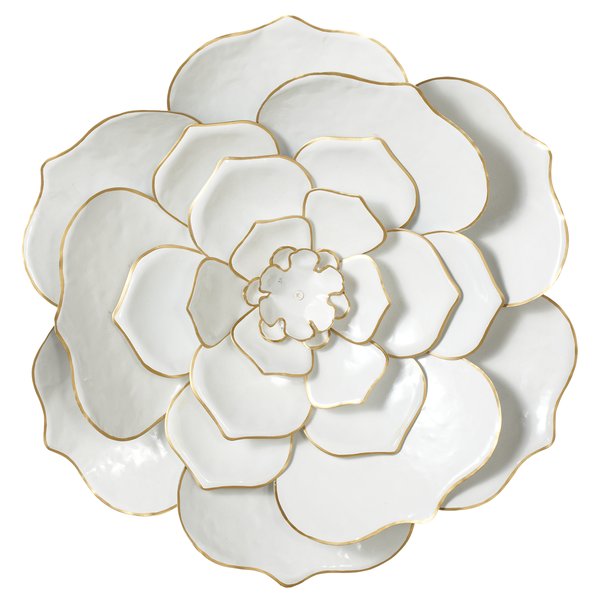 Large Layered White with Gold Trim Flower Wall Decor| nature-inspired beauty and modern glam.